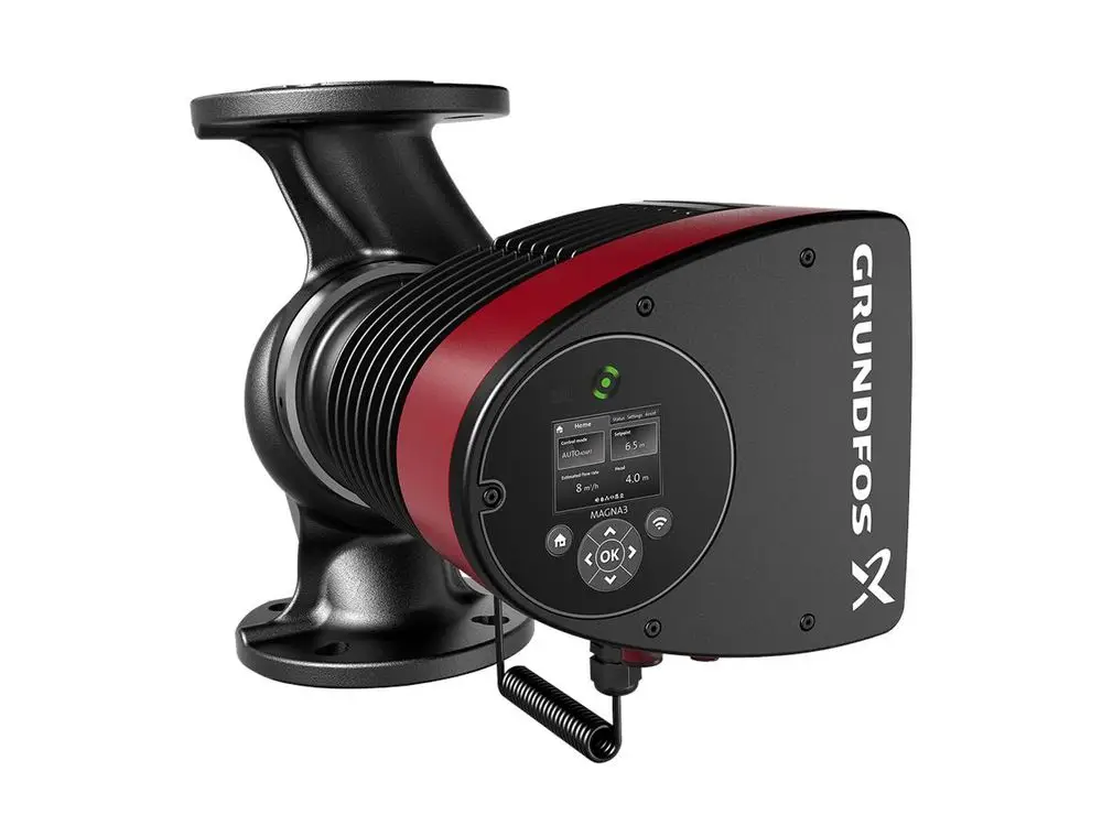 Umwälzpumpe von Grundfos mit einem kompakten Design und einem digitalen Steuerelement, die für Heizsysteme verwendet wird.